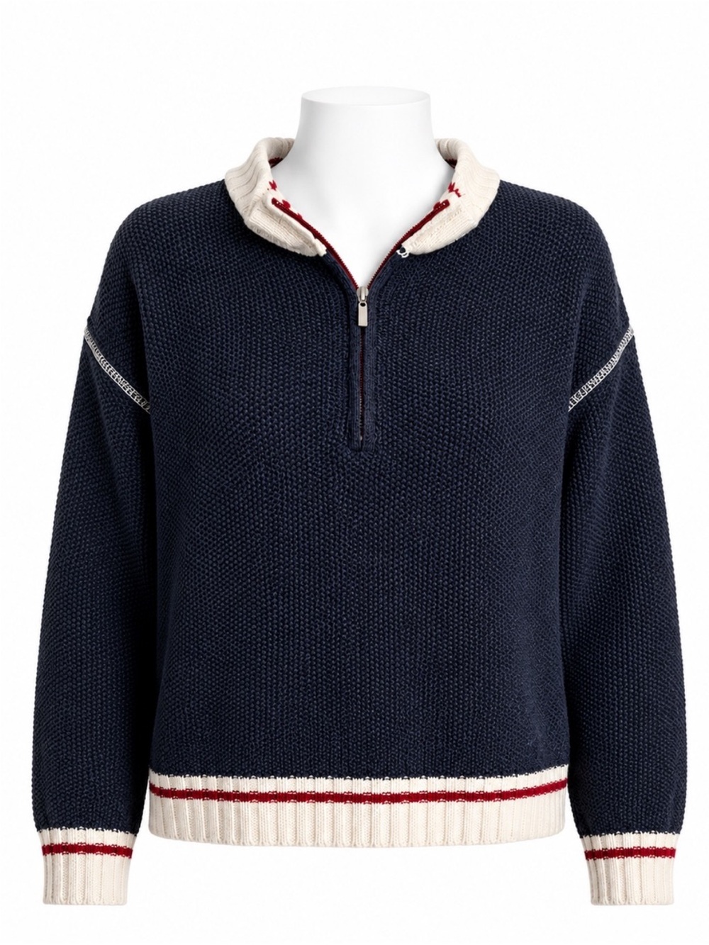 Size XL Cotton Country Women’s Quarter Zip Chunky Knit Sweater Navy Cream Red